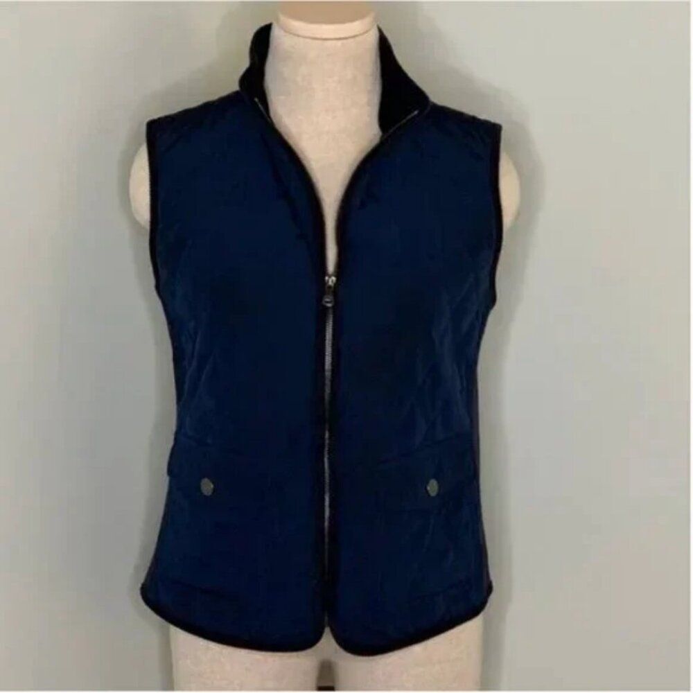 Talbots Navy Blue Quilted Puffer Vest Side Ribbed Stretch Zippered front Size S
